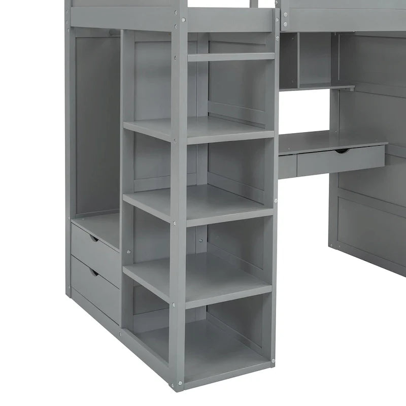 Gray Twin Size Solid Wood Loft Bed with Desk, Wardrobes, and Shelves