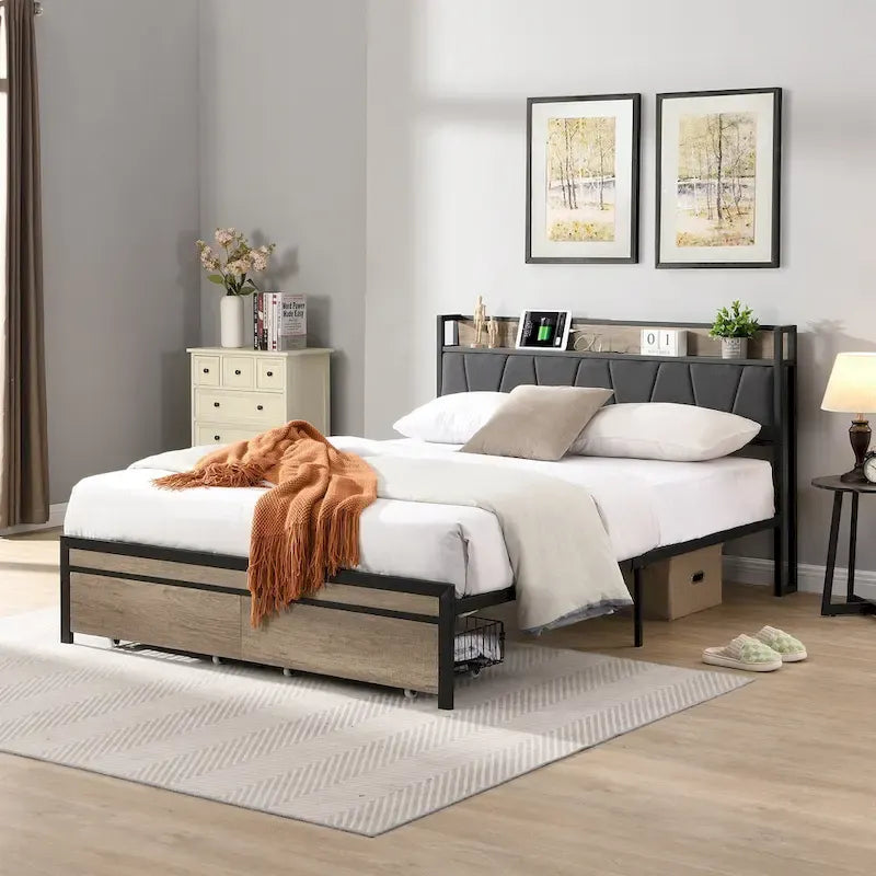 Letto matrimoniale in metallo nero e grigio con testiera imbottita portaoggetti e USB