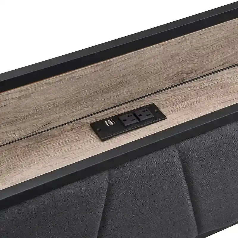 Letto matrimoniale in metallo nero e grigio con testiera imbottita portaoggetti e USB