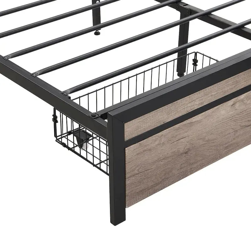 Letto matrimoniale in metallo nero e grigio con testiera imbottita portaoggetti e USB