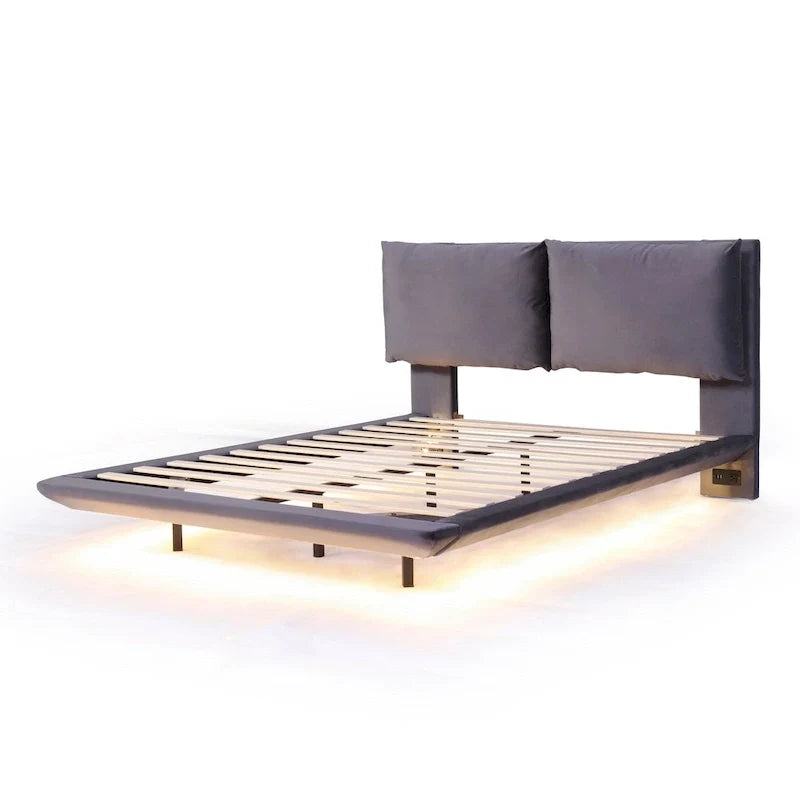 Queen Velvet Floating Platform Bed with Sensor Light