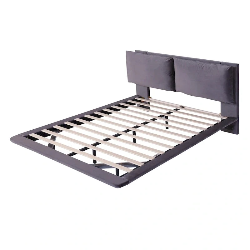 Queen Velvet Floating Platform Bed with Sensor Light