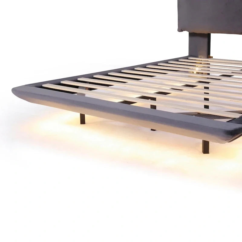 Queen Velvet Floating Platform Bed with Sensor Light