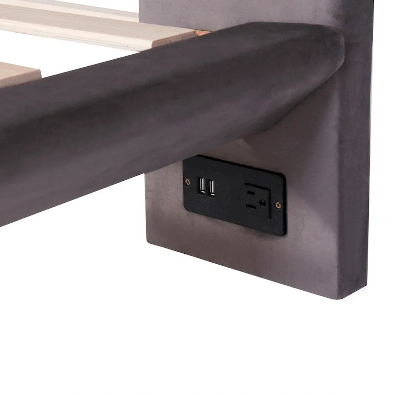 Queen Velvet Floating Platform Bed with Sensor Light