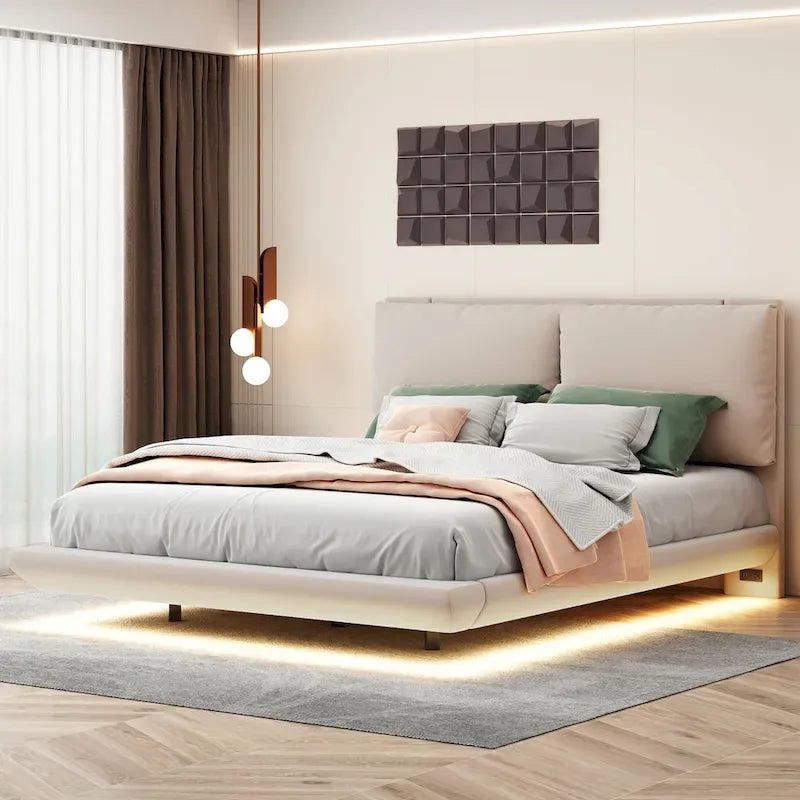 Queen Velvet Floating Platform Bed with Sensor Light