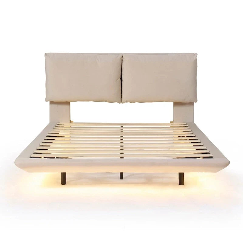 Queen Velvet Floating Platform Bed with Sensor Light