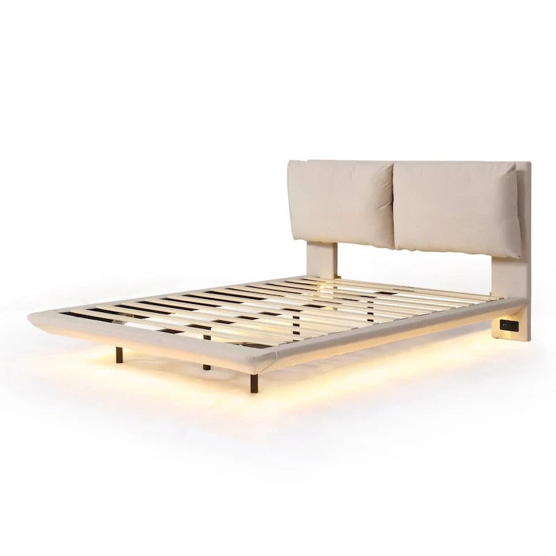 Queen Velvet Floating Platform Bed with Sensor Light