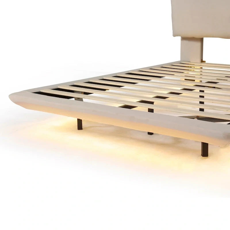 Queen Velvet Floating Platform Bed with Sensor Light