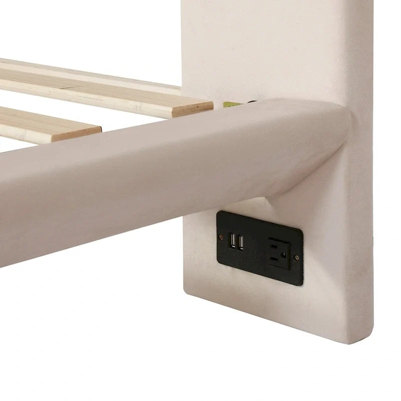 Queen Velvet Floating Platform Bed with Sensor Light