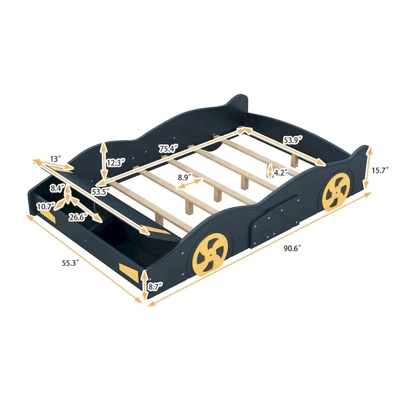 Lit Voiture de Course Entier en Pin avec Roues et Rangement