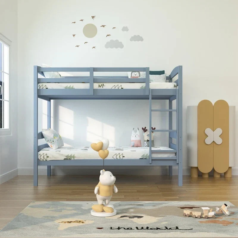 Letto a castello moderno grigio in legno massello con scaletta, doppio sulla doppia piazza