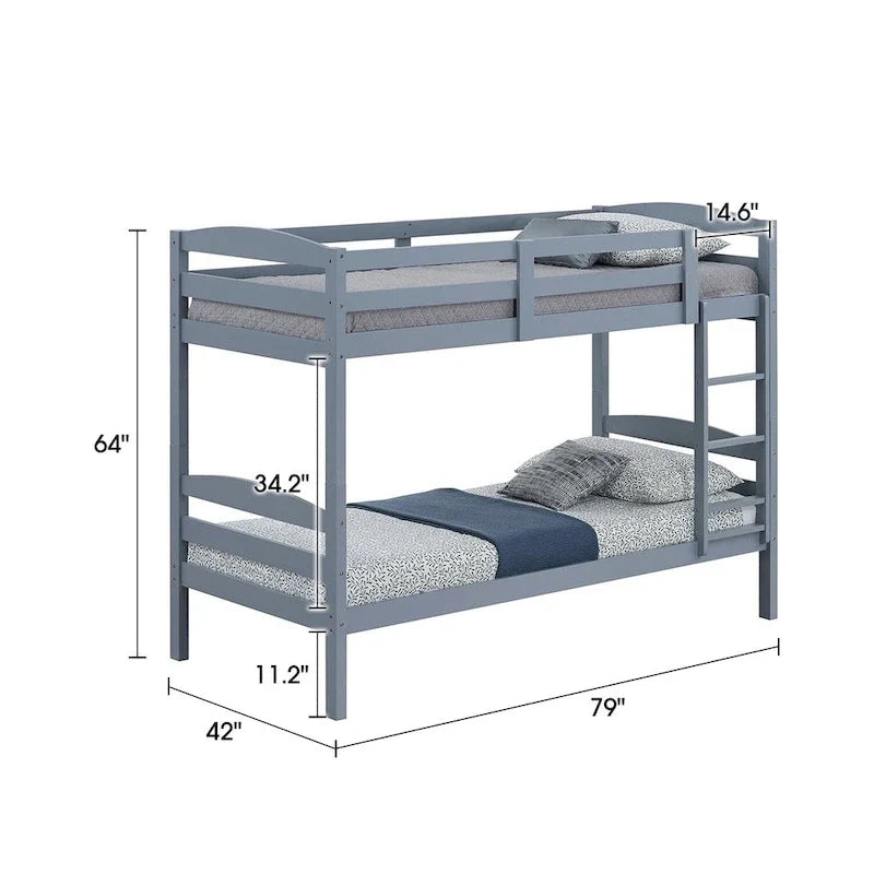 Letto a castello moderno grigio in legno massello con scaletta, doppio sulla doppia piazza