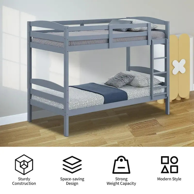 Letto a castello moderno grigio in legno massello con scaletta, doppio sulla doppia piazza