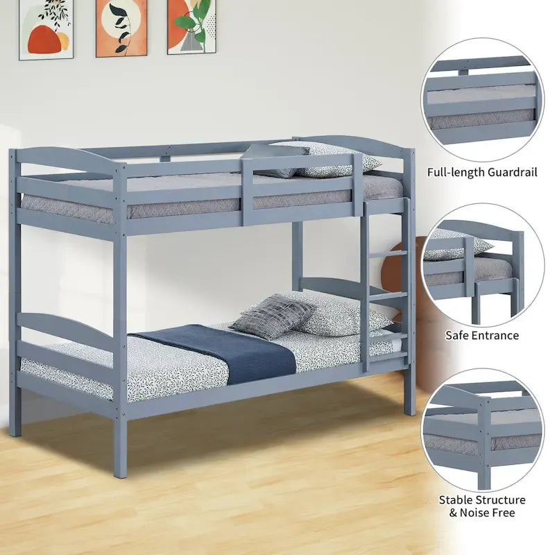 Letto a castello moderno grigio in legno massello con scaletta, doppio sulla doppia piazza