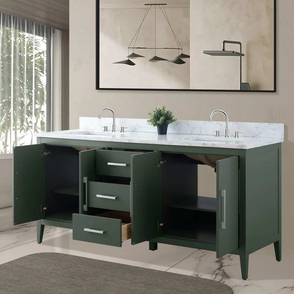 Vanity Art 72 Double Sink Bathroom Vanity Cabinet with Engineered Marble Top