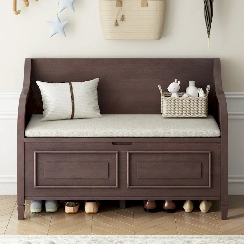 Rustic Solid Wood Entryway Storage Bench with Safety Hinge