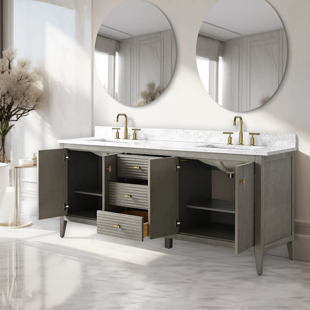 Vanity Art 72 Double Sink Bathroom Vanity Cabinet with Engineered Marble Top