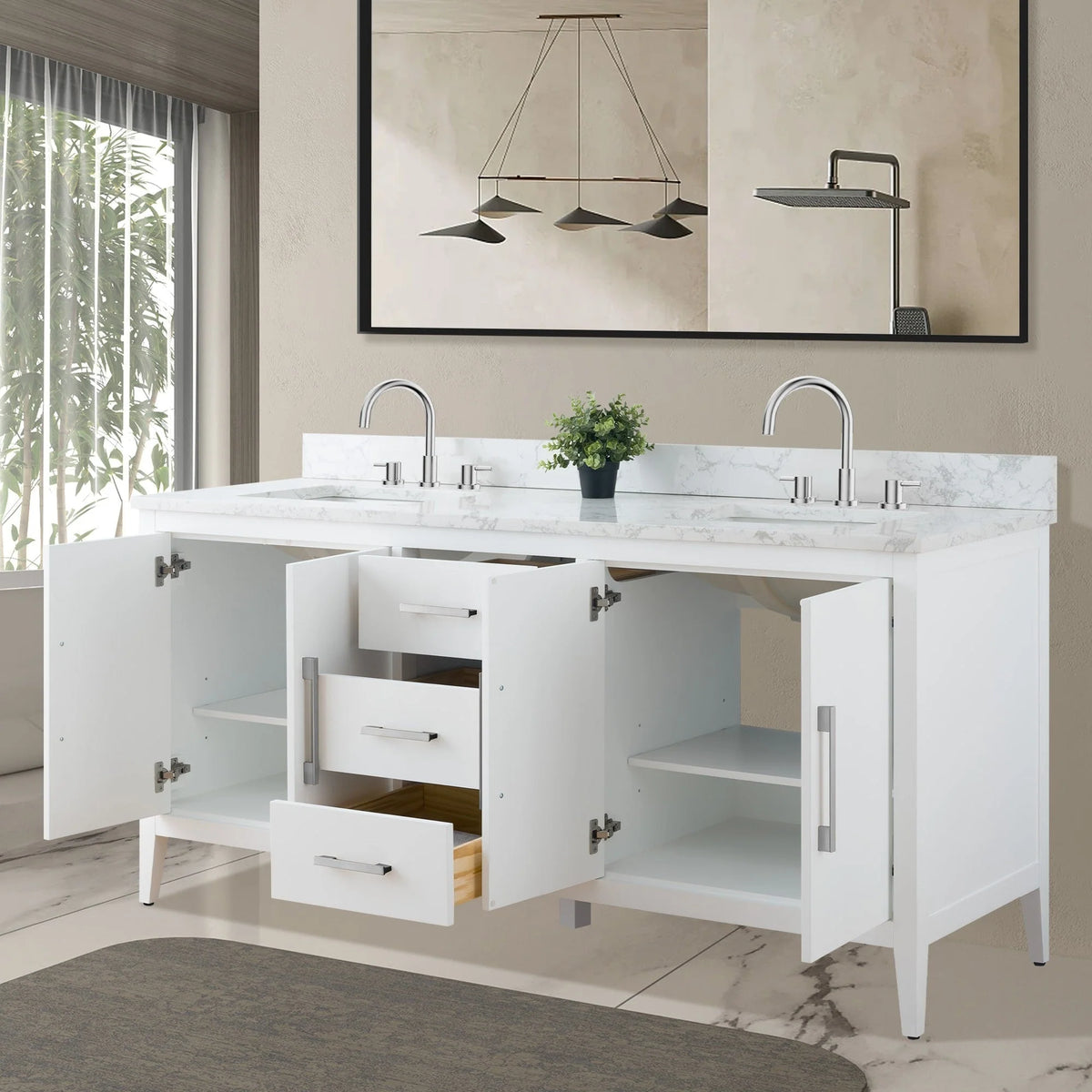 Vanity Art 72 Double Sink Bathroom Vanity Cabinet with Engineered Marble Top