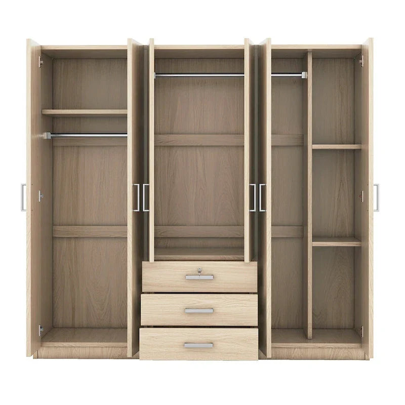 6-Doors Wooden Wardrobe Storage with 3 Big Drawers for Bedroom