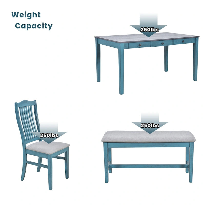 6-Piece Wooden Dining Table Set with 4 Chairs & Bench, Table with Drawer