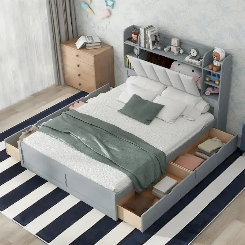 Lit plateforme Queen Size Merax avec tête de lit de rangement