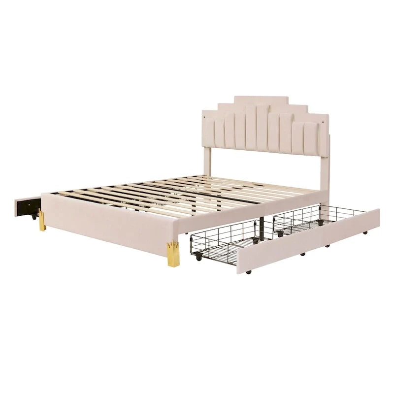 Lit plateforme tapissé beige Queen size avec lumières et tiroirs