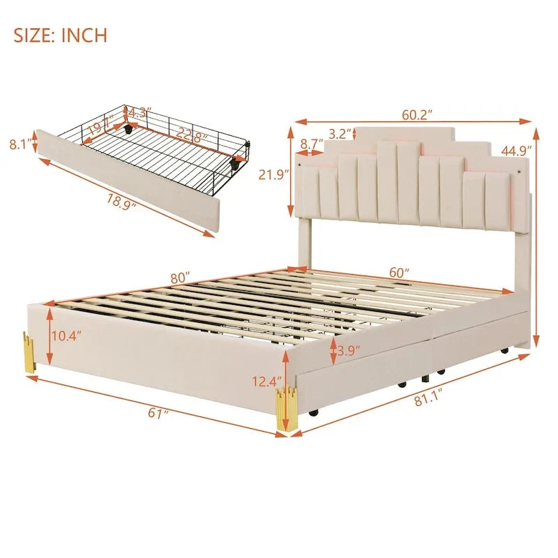 Lit plateforme tapissé beige Queen size avec lumières et tiroirs