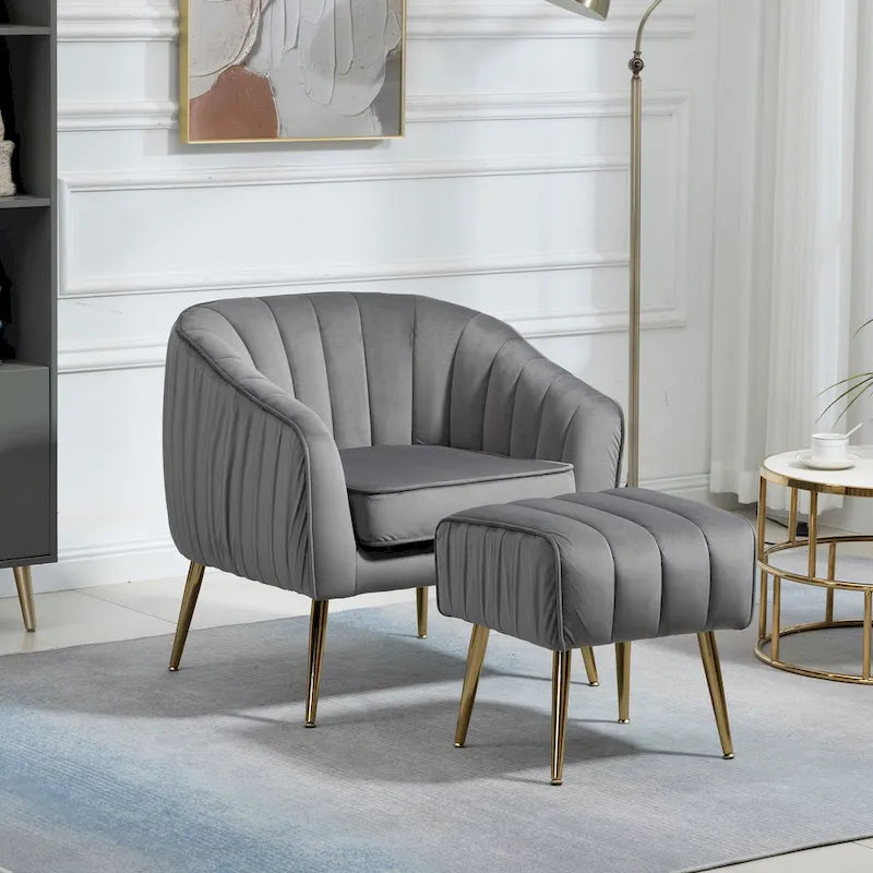 Fauteuil d'appoint capitonné en velours avec pouf – 28.94 x 28.94 x 28.94
