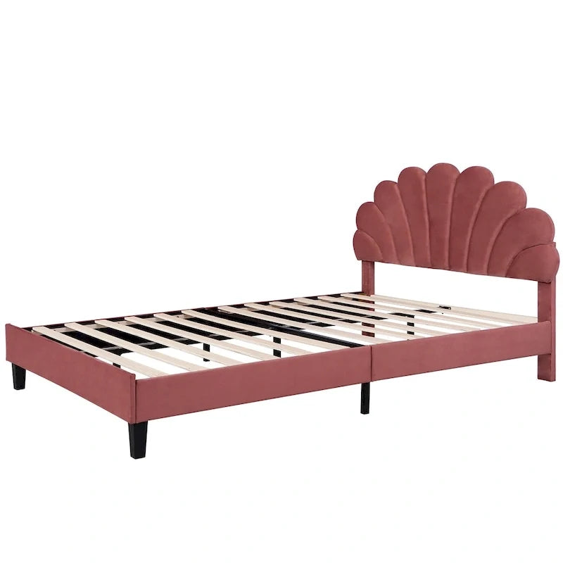 Lit plateforme capitonné en velours rouge sourd, format Queen Size