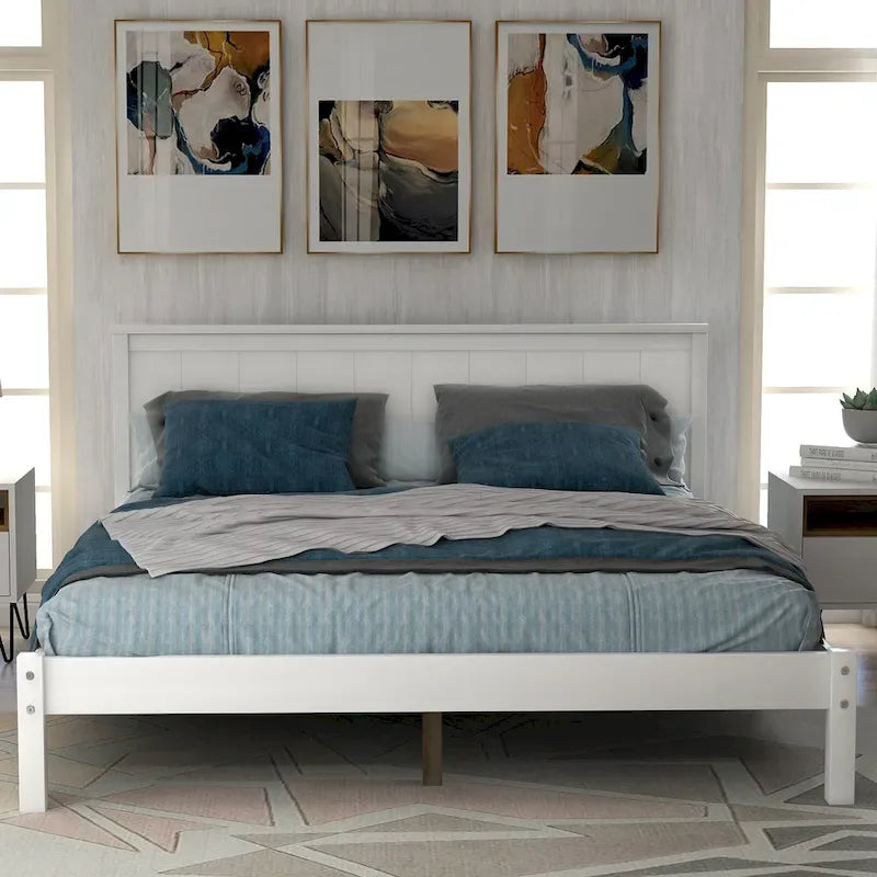 Struttura Letto a Piattaforma Perfettamente Semplice con Supporto a Doghe in Legno e Testiera Integrata, Realizzata in Pino