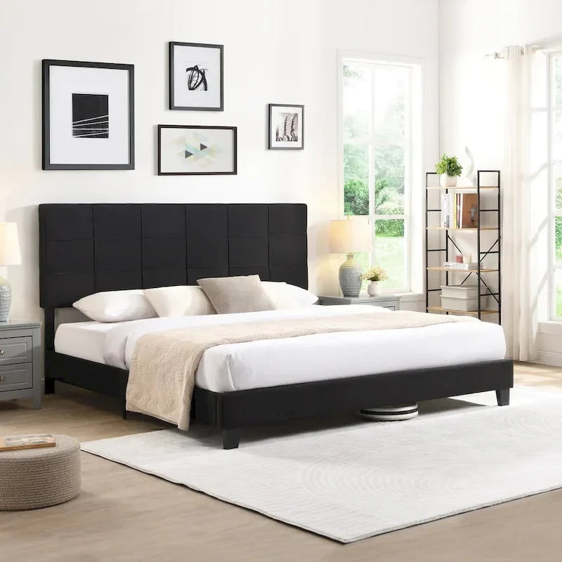 Lit plate-forme capitonné en lin noir format King Size