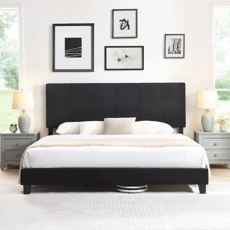 Lit plate-forme capitonné en lin noir format King Size