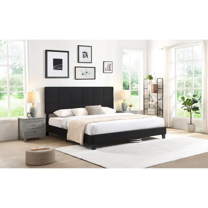 Lit plate-forme capitonné en lin noir format King Size