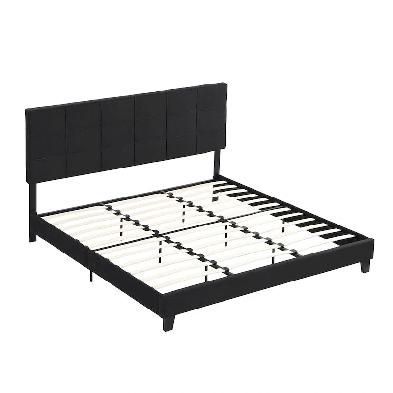 Lit plate-forme capitonné en lin noir format King Size