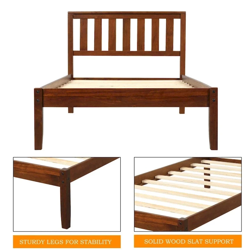 Lit plateforme en bois avec tête de lit/support à lattes en bois. Jumeau (Noyer)