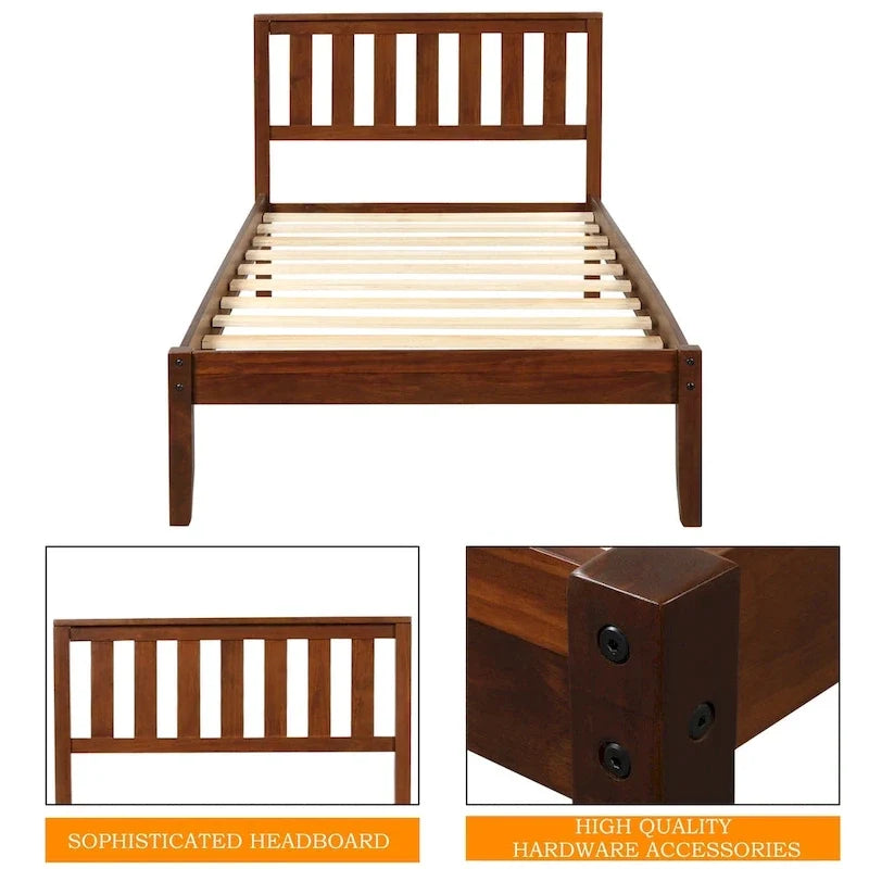 Lit plateforme en bois avec tête de lit/support à lattes en bois. Jumeau (Noyer)