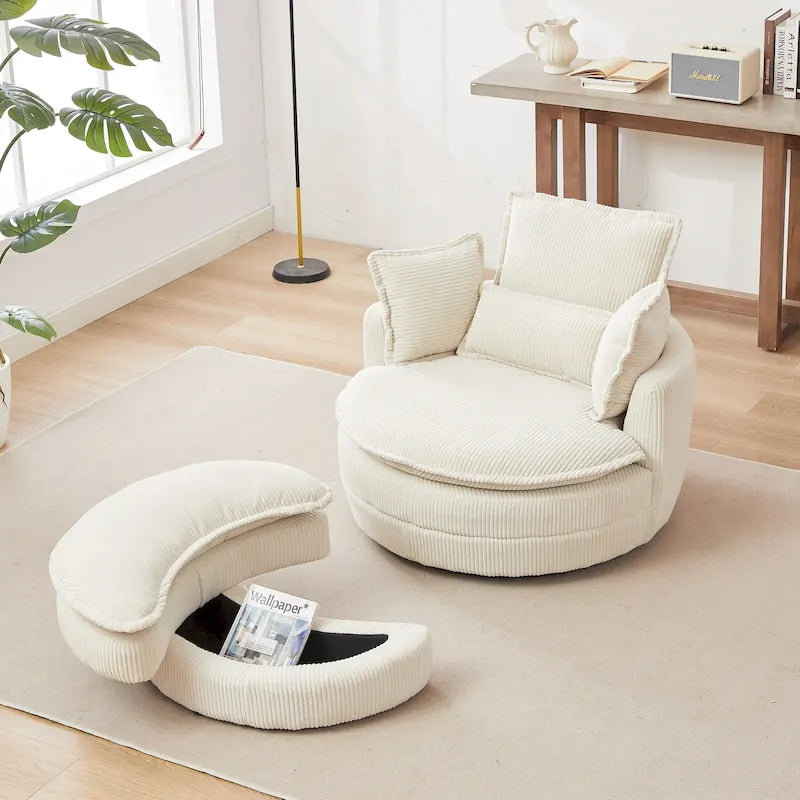 Oversized Swivel Barrel Chair with moon storage ottoman