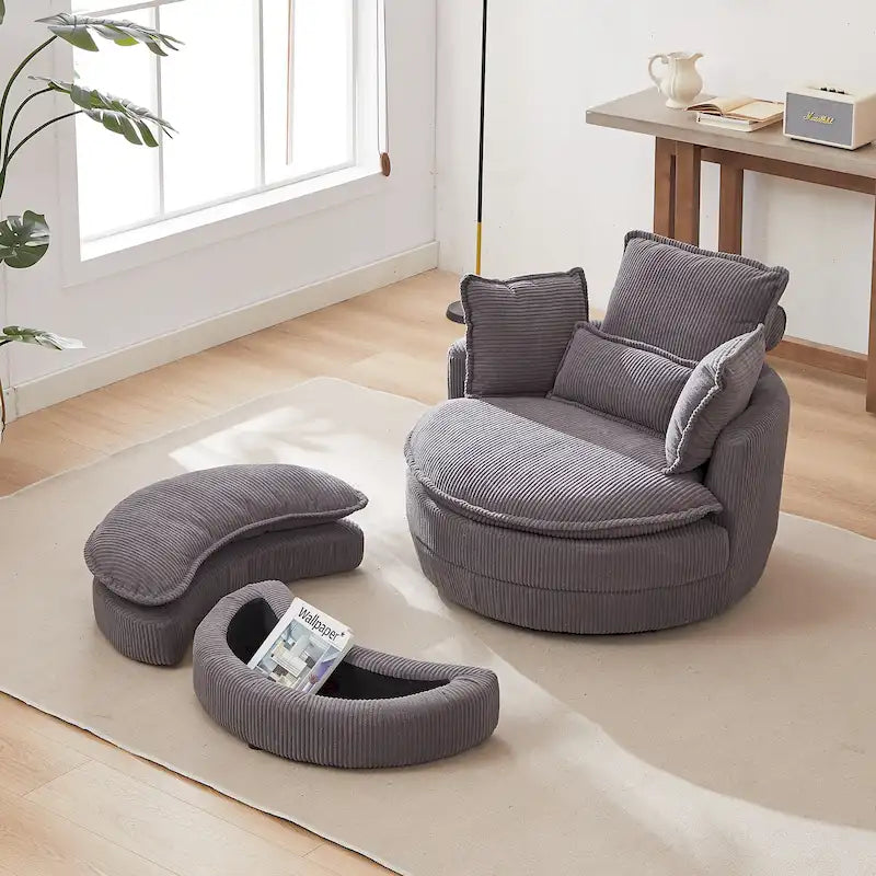 Oversized Swivel Barrel Chair with moon storage ottoman