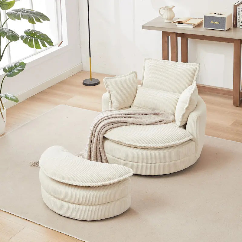 Oversized Swivel Barrel Chair with moon storage ottoman