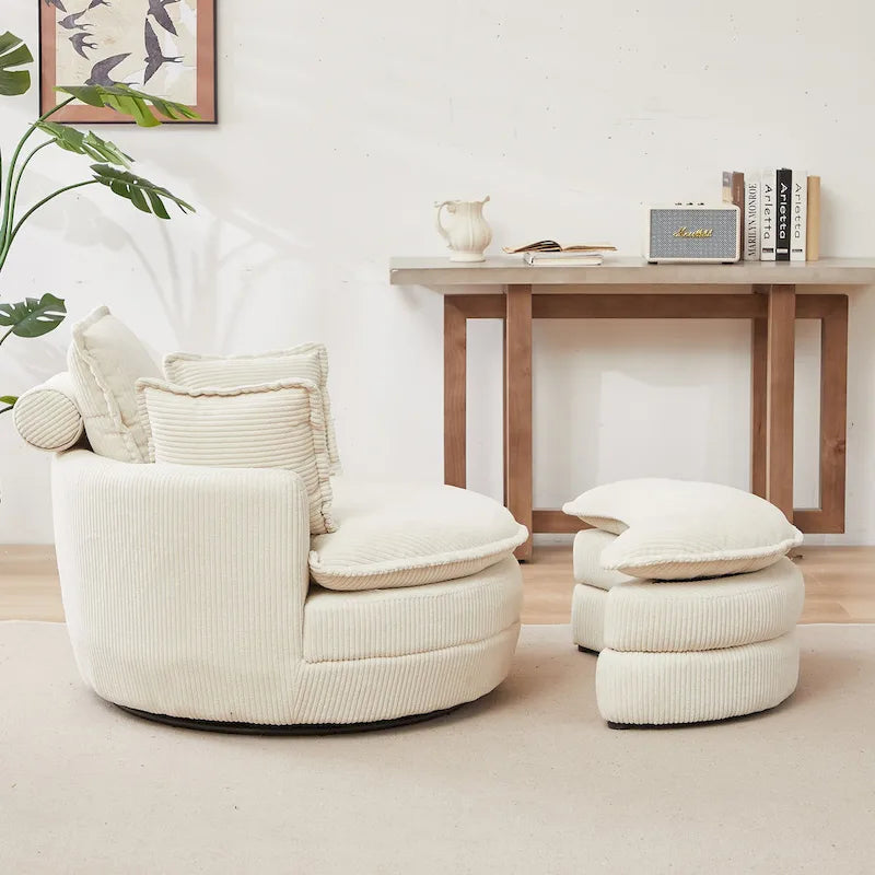 Oversized Swivel Barrel Chair with moon storage ottoman