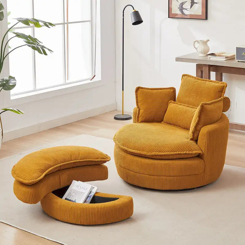Oversized Swivel Barrel Chair with moon storage ottoman