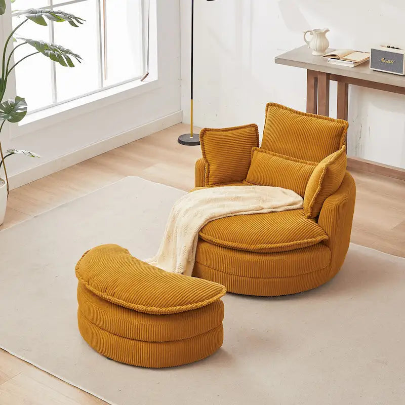 Oversized Swivel Barrel Chair with moon storage ottoman