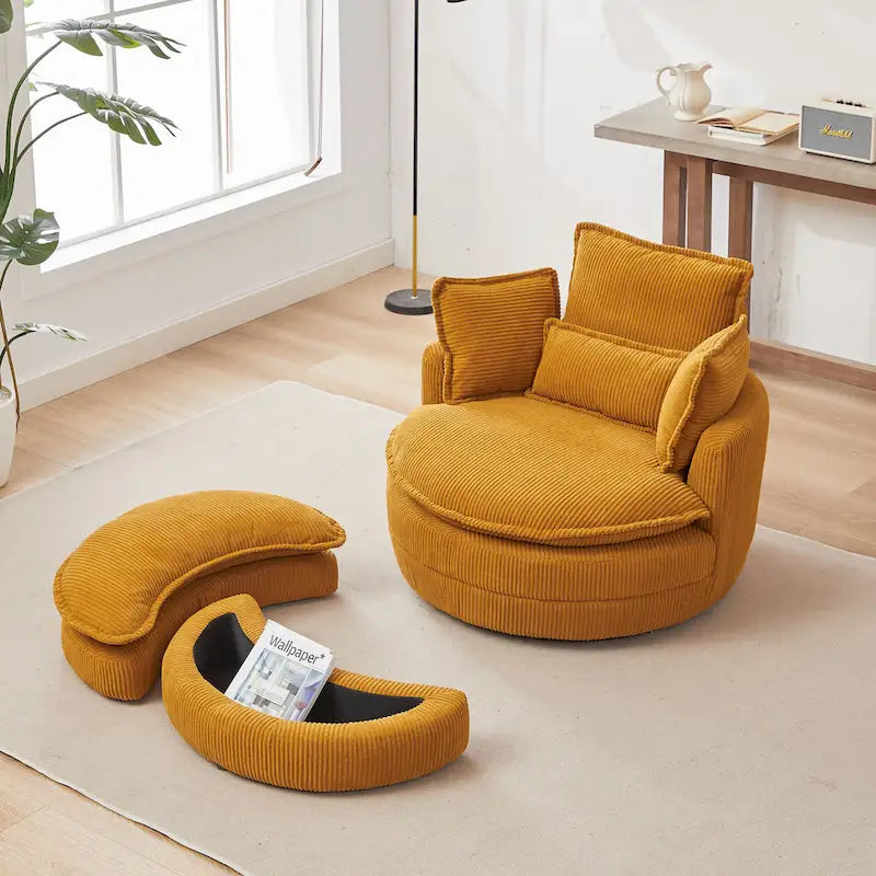 Oversized Swivel Barrel Chair with moon storage ottoman