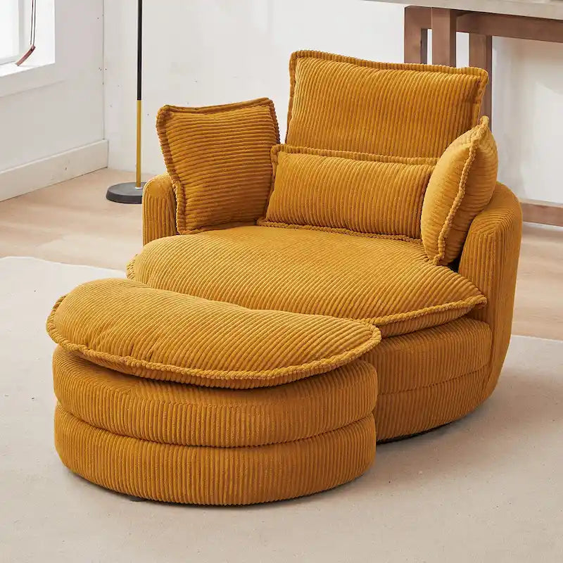 Oversized Swivel Barrel Chair with moon storage ottoman