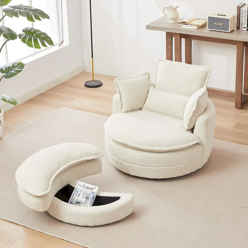 Oversized Swivel Barrel Chair with moon storage ottoman