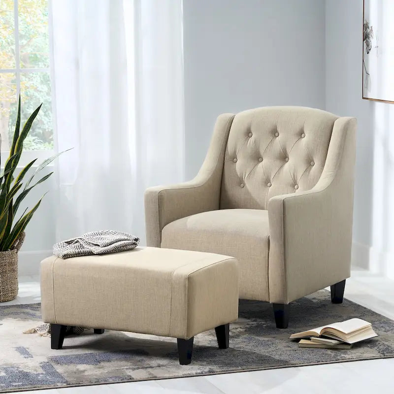 Elaine Light Beige Tufted Fabric Club Chair with Ottoman by Christopher Knight Home
