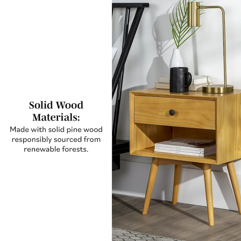Table de chevet Middlebrook Mid-Century en bois massif avec 1 tiroir et 1 étagère