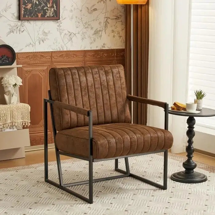 Mid Century Modern Accent Chair with Metal Frame, PU Leather Single Sofa, Reading Armchair for Living Room, Bedroom, Cafe