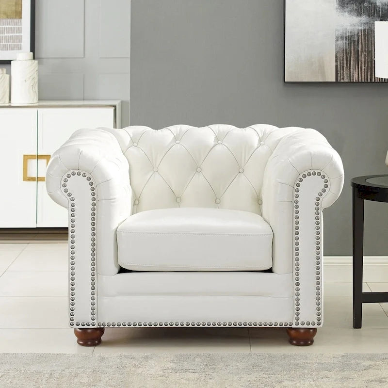 Fauteuil Chesterfield Hydeline Aliso en cuir pleine fleur avec mousse à mémoire de forme et ressorts