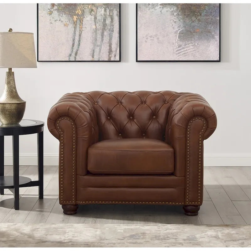 Fauteuil Chesterfield Hydeline Aliso en cuir pleine fleur avec mousse à mémoire de forme et ressorts